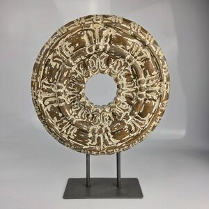 Pottery Barn Hand Carved Mango Wood Architectural Medallion Iron‎ Stand Retired